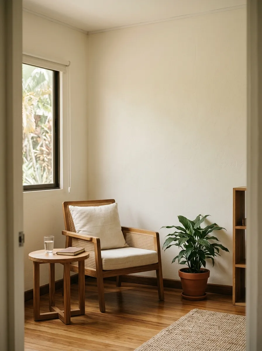 Consultorio vacío visto desde el umbral, con un sillón junto a la ventana